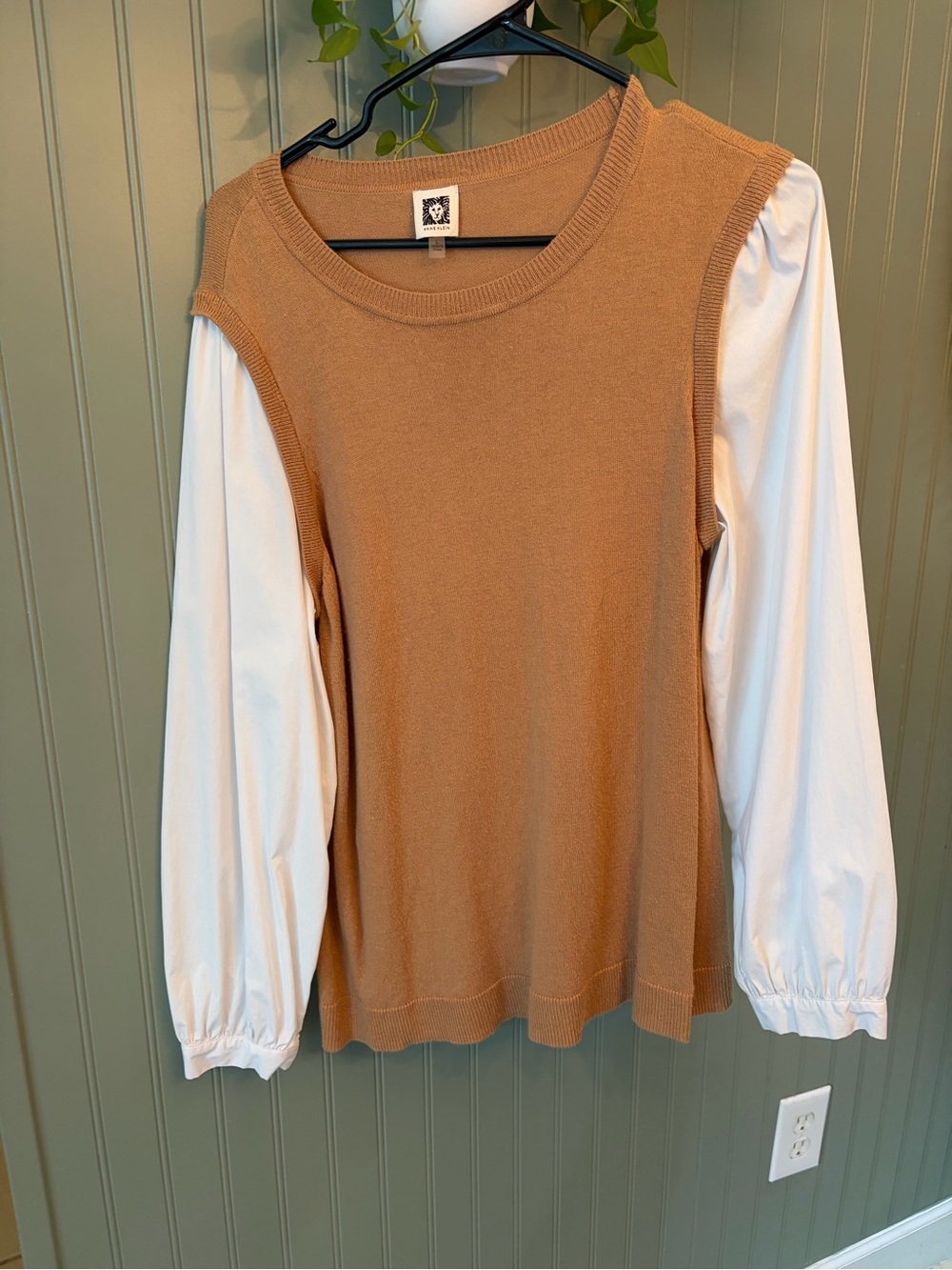 Anne Klein Tan Mixed-Media Knit Long Balloon Sleeve Top Large EUC